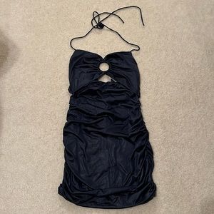 lucy in the sky navy silk halter minidress